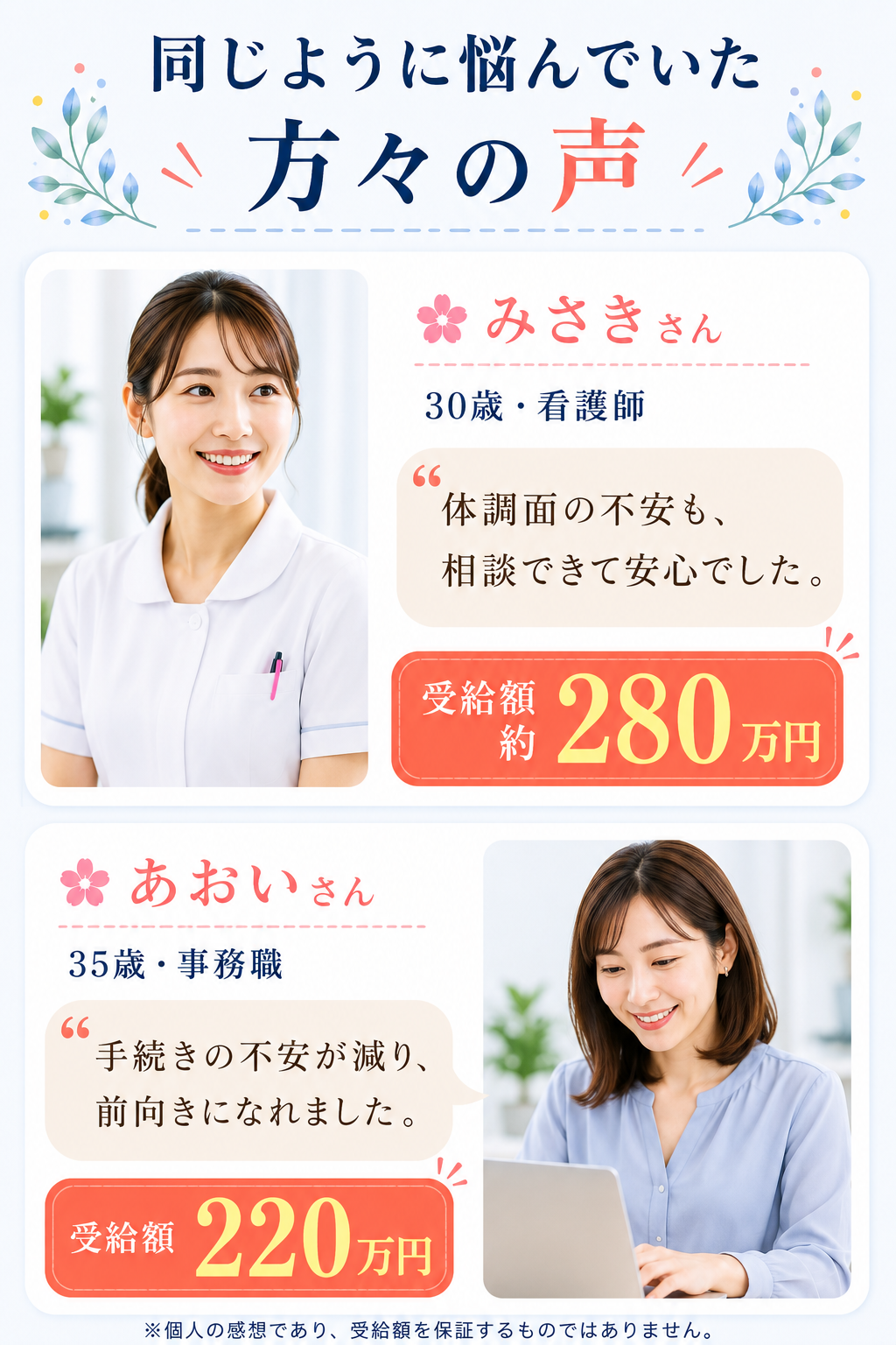 お客様の声。みさきさん（看護師）受給額310万円、あおいさん（事務職）220万円。