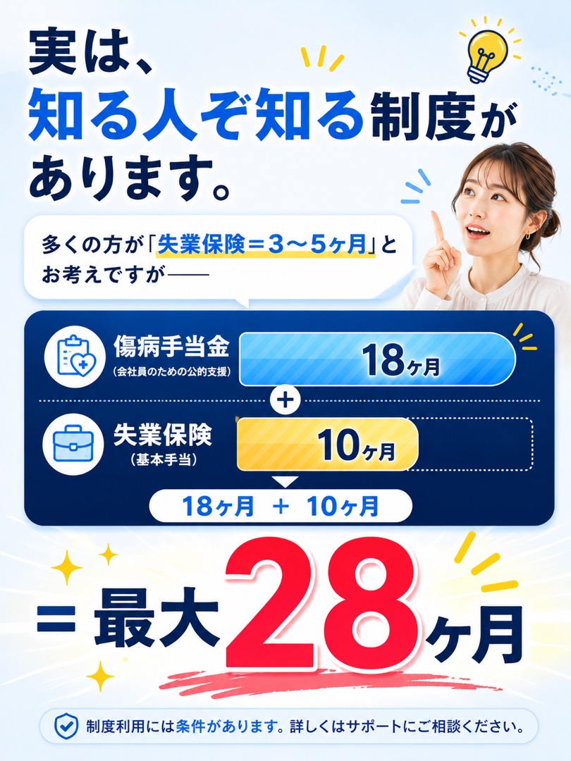 実は知る人ぞ知る制度。傷病手当金18ヶ月＋失業保険10ヶ月＝最大28ヶ月。